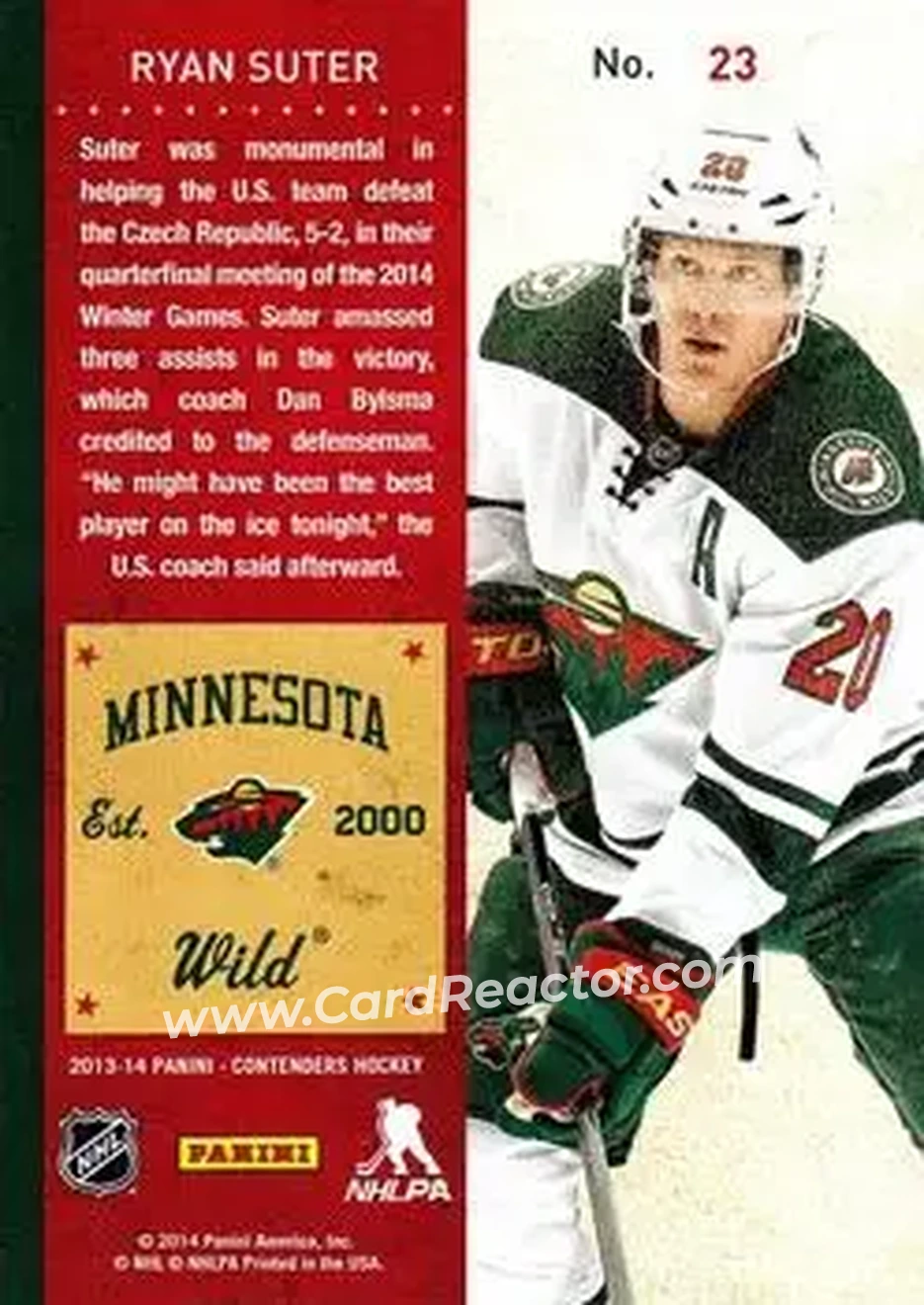 2013-14 Panini Contenders #23 - Ryan Suter - Minnesota Wild - Back