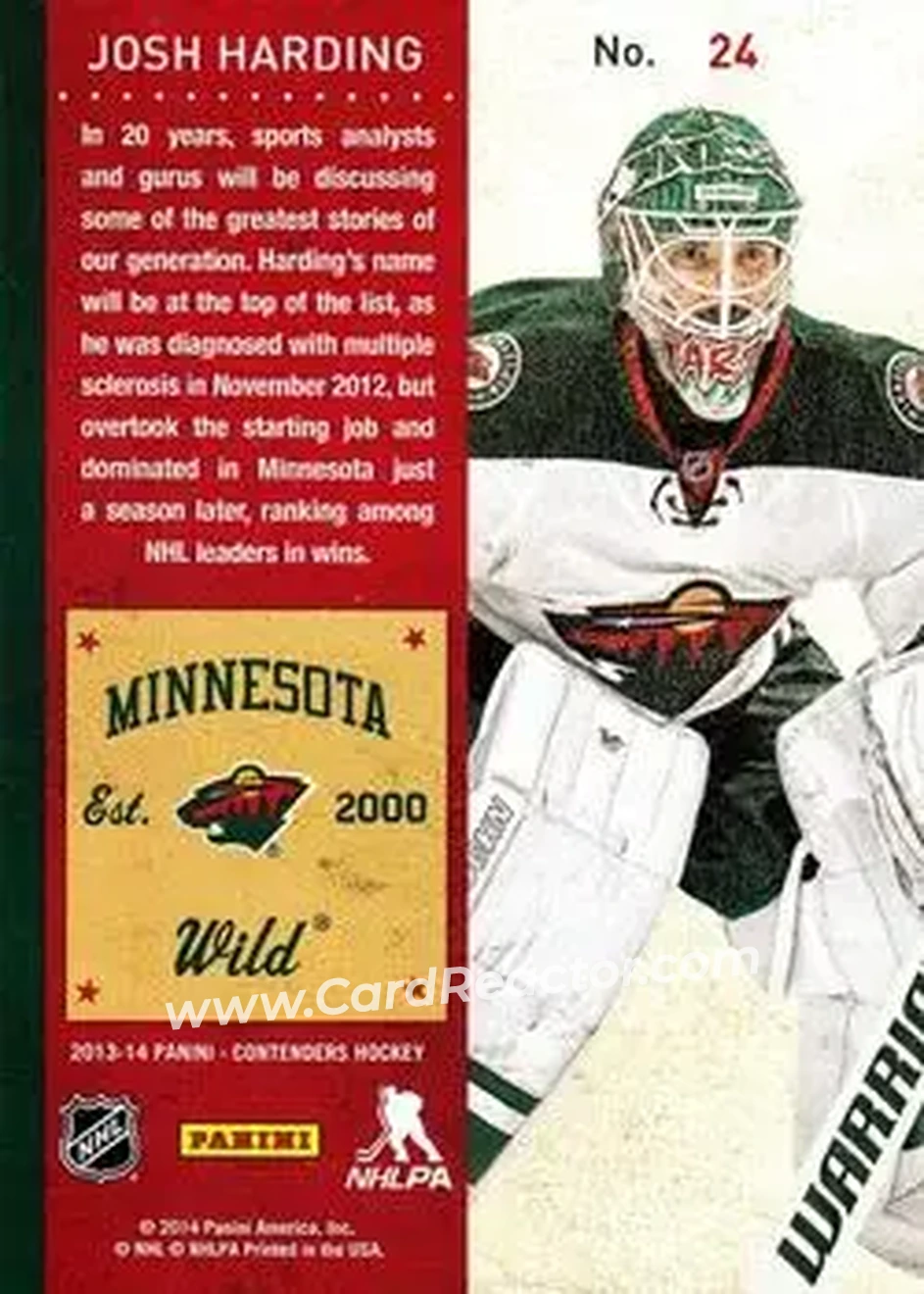 2013-14 Panini Contenders #24 - Josh Harding - Minnesota Wild - Back