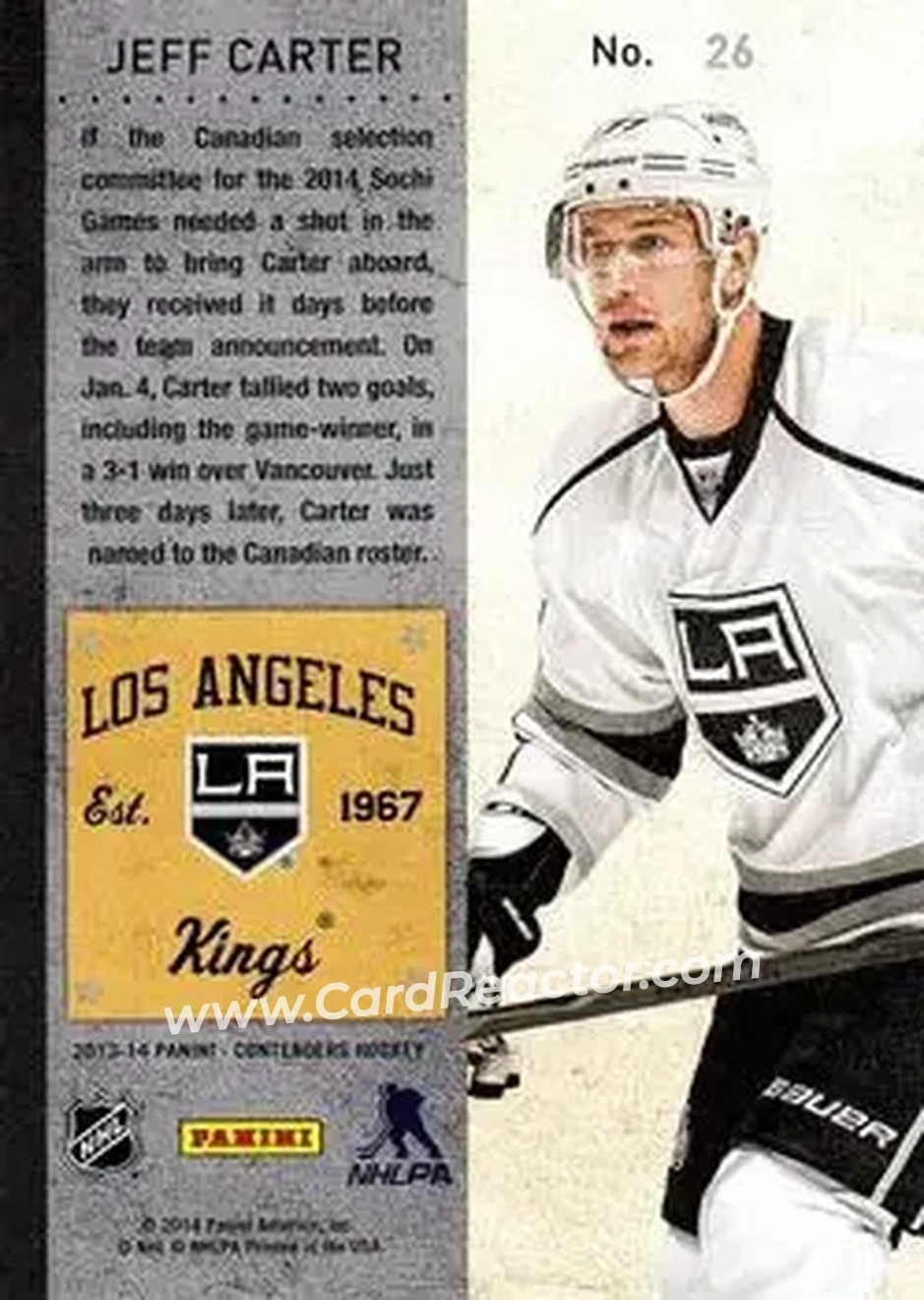 2013-14 Panini Contenders #26 - Jeff Carter - Los Angeles Kings - Back