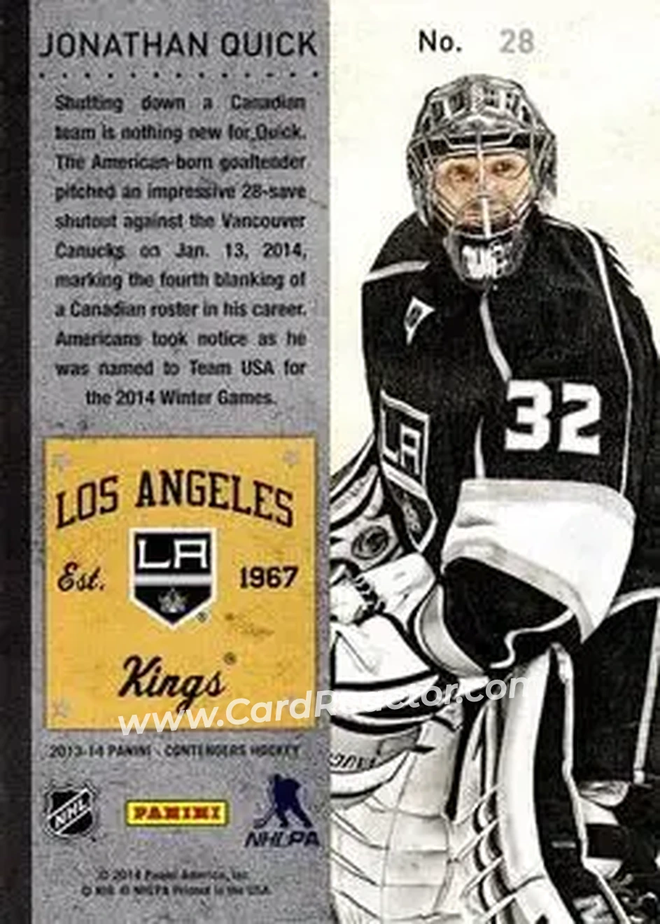 2013-14 Panini Contenders #28 - Jonathan Quick - Los Angeles Kings - Back
