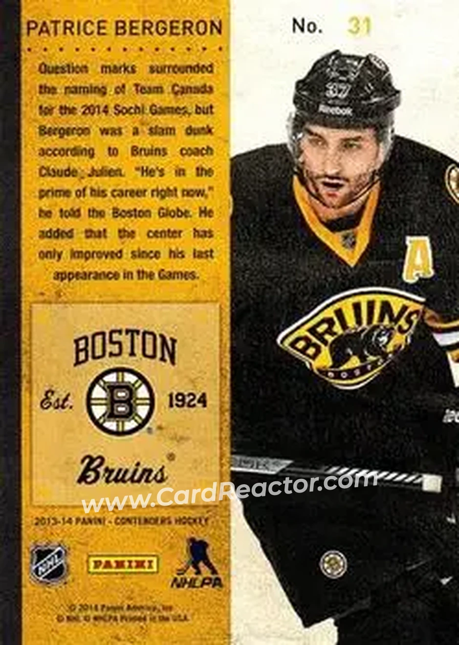 2013-14 Panini Contenders #31 - Patrice Bergeron - Boston Bruins - Back