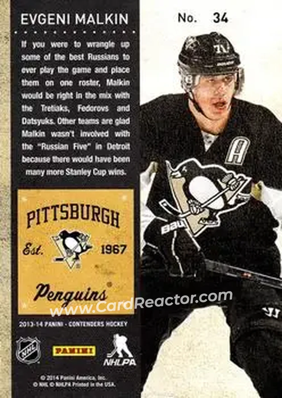 2013-14 Panini Contenders #34 - Evgeni Malkin - Pittsburgh Penguins - Back