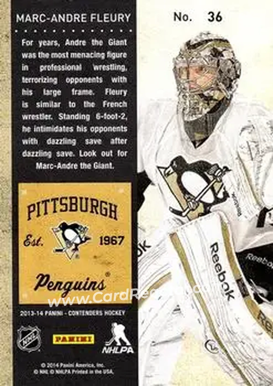 2013-14 Panini Contenders #36 - Marc-Andre Fleury - Pittsburgh Penguins - Back