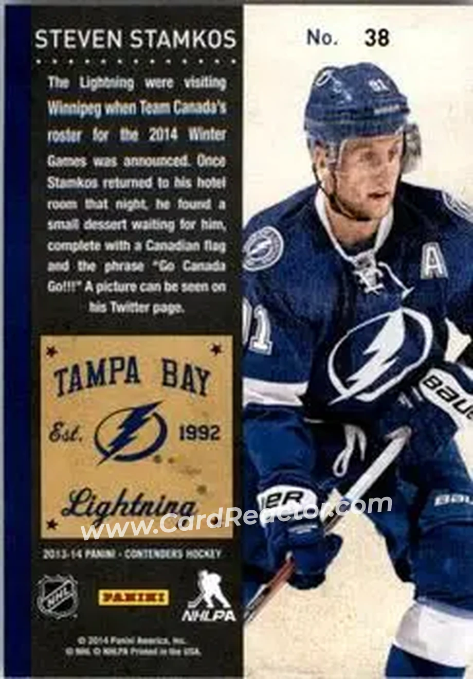 2013-14 Panini Contenders #38 - Steven Stamkos - Tampa Bay Lightning - Back