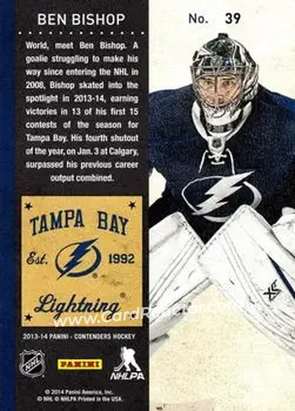 2013-14 Panini Contenders #39 - Ben Bishop - Tampa Bay Lightning - Back