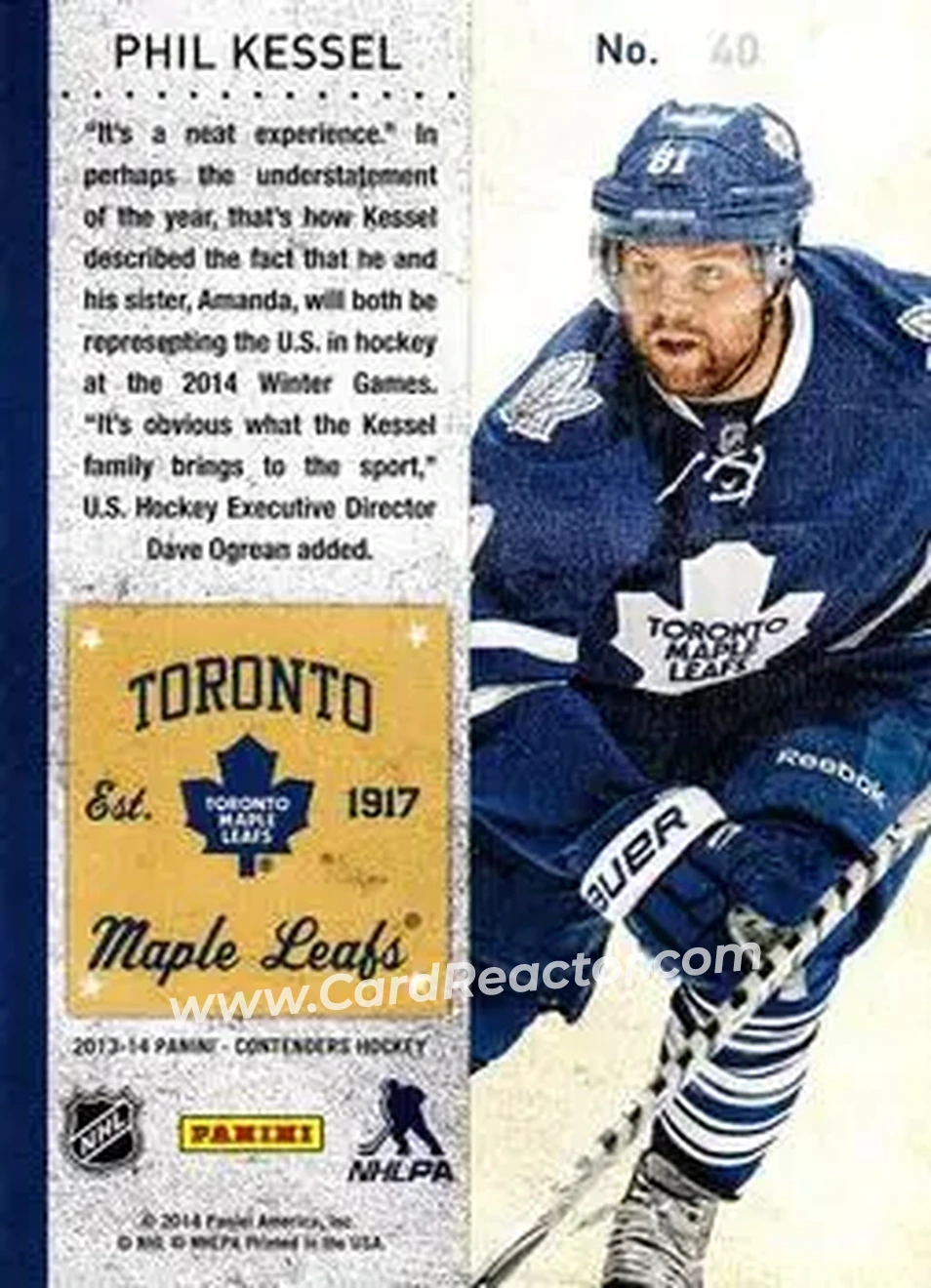 2013-14 Panini Contenders #40 - Phil Kessel - Toronto Maple Leafs - Back