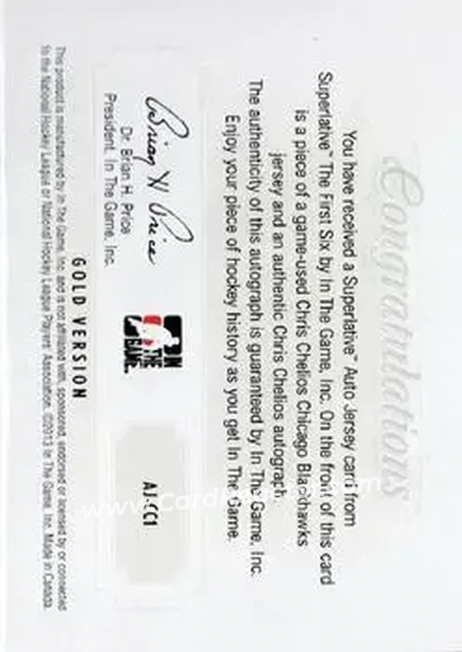 2013-14 In The Game Superlative The First Six - Auto Jersey Gold #AJ-CC1 - Chris Chelios - Chicago Blackhawks - Back 2013-14 In The Game Superlative The First Six - Auto Jersey Gold #AJ-CC1 - Chris Chelios - Chicago Blackhawks - Back