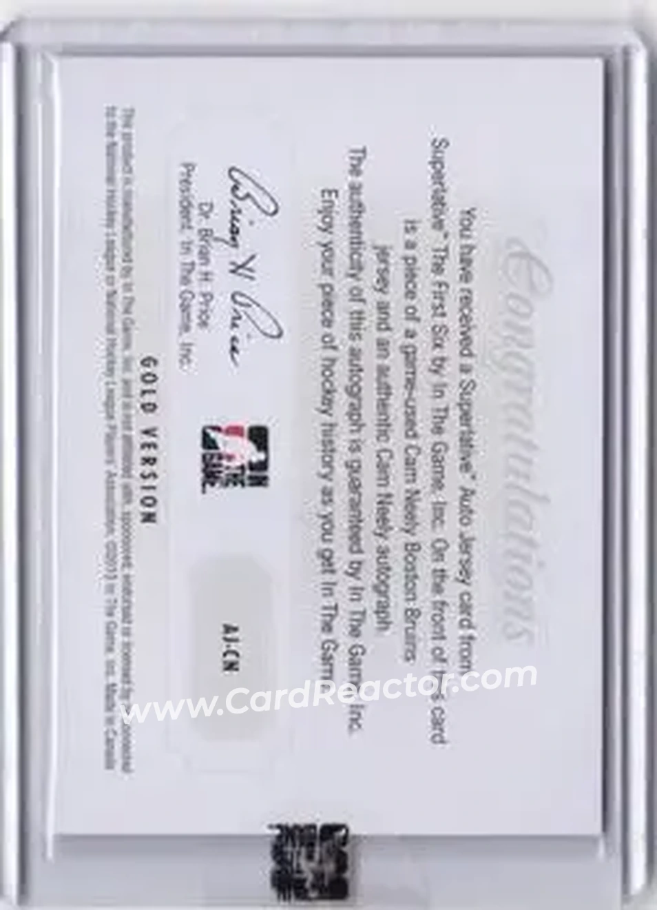 2013-14 In The Game Superlative The First Six - Auto Jersey Gold #AJ-CN - Cam Neely - Boston Bruins - Back 2013-14 In The Game Superlative The First Six - Auto Jersey Gold #AJ-CN - Cam Neely - Boston Bruins - Back