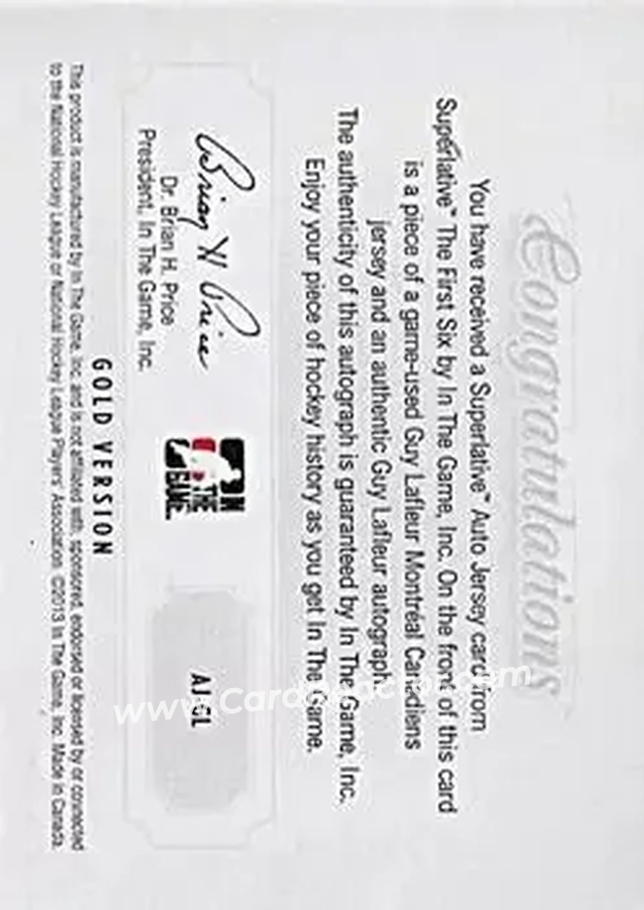 2013-14 In The Game Superlative The First Six - Auto Jersey Gold #AJ-GL - Guy Lafleur - Montreal Canadiens - Back 2013-14 In The Game Superlative The First Six - Auto Jersey Gold #AJ-GL - Guy Lafleur - Montreal Canadiens - Back