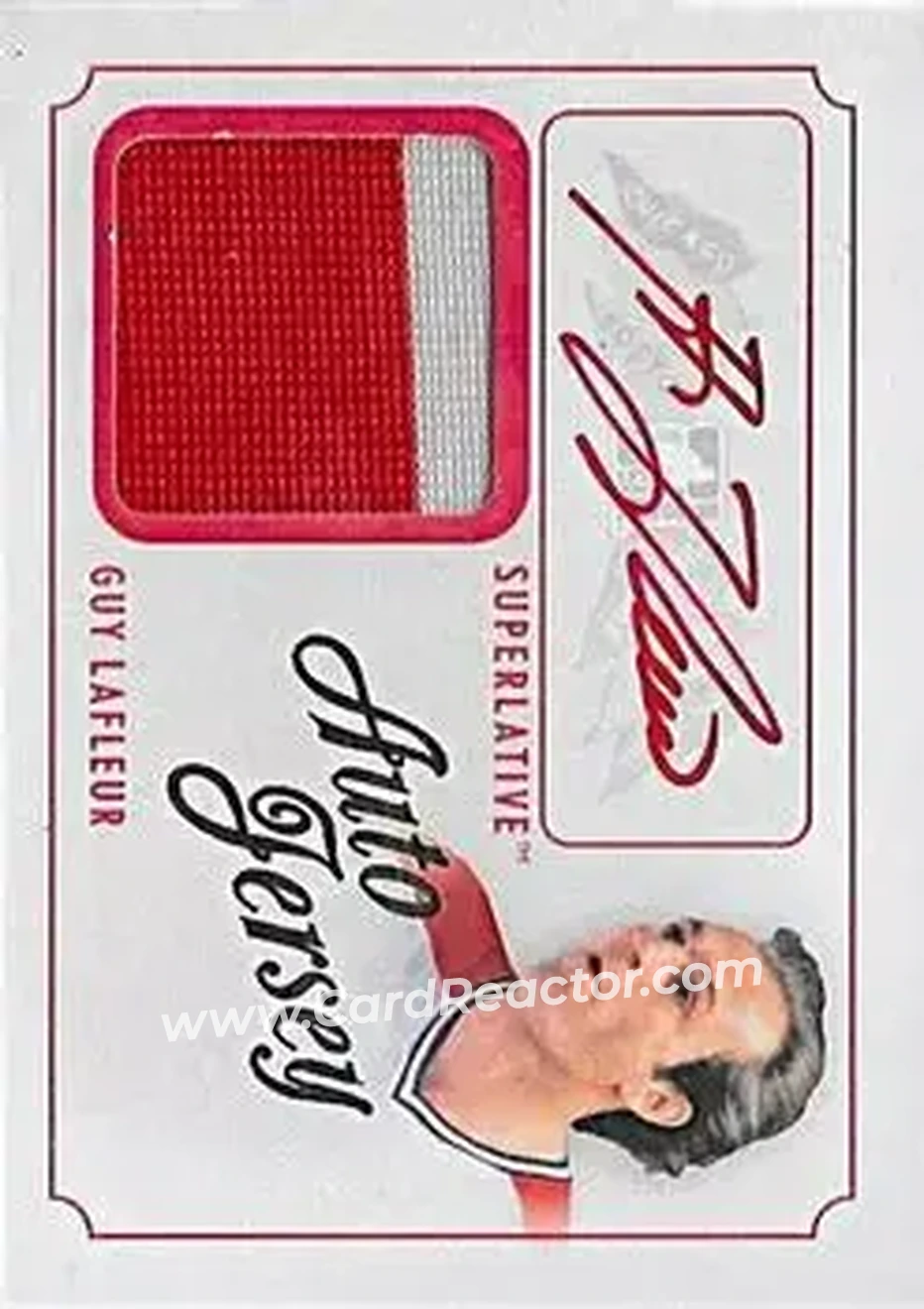 2013-14 In The Game Superlative The First Six - Auto Jersey Gold #AJ-GL - Guy Lafleur - Montreal Canadiens - Front 2013-14 In The Game Superlative The First Six - Auto Jersey Gold #AJ-GL - Guy Lafleur - Montreal Canadiens - Front