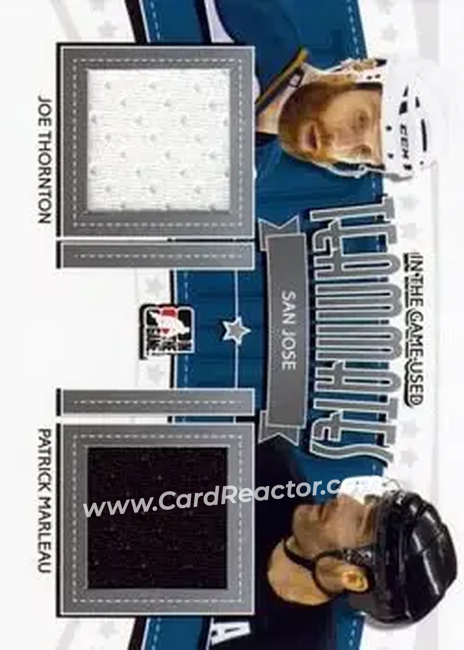 2013-14 In The Game Used - Teammates Jerseys Silver #TM-03 - Joe Thornton - Patrick Marleau MEM, PR60 - San Jose Sharks - San Jose Sharks - Front 2013-14 In The Game Used - Teammates Jerseys Silver #TM-03 - Joe Thornton - Patrick Marleau MEM, PR60 - San Jose Sharks - San Jose Sharks - Front