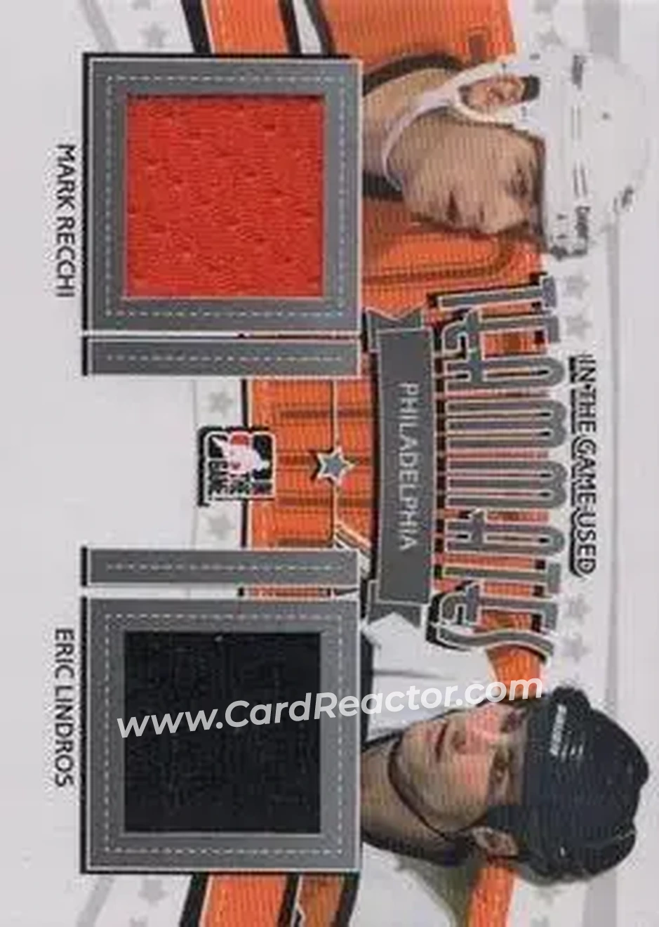 2013-14 In The Game Used - Teammates Jerseys Silver #TM-11 - Mark Recchi - Eric Lindros MEM, PR60 - Philadelphia Flyers - Philadelphia Flyers - Front 2013-14 In The Game Used - Teammates Jerseys Silver #TM-11 - Mark Recchi - Eric Lindros MEM, PR60 - Philadelphia Flyers - Philadelphia Flyers - Front