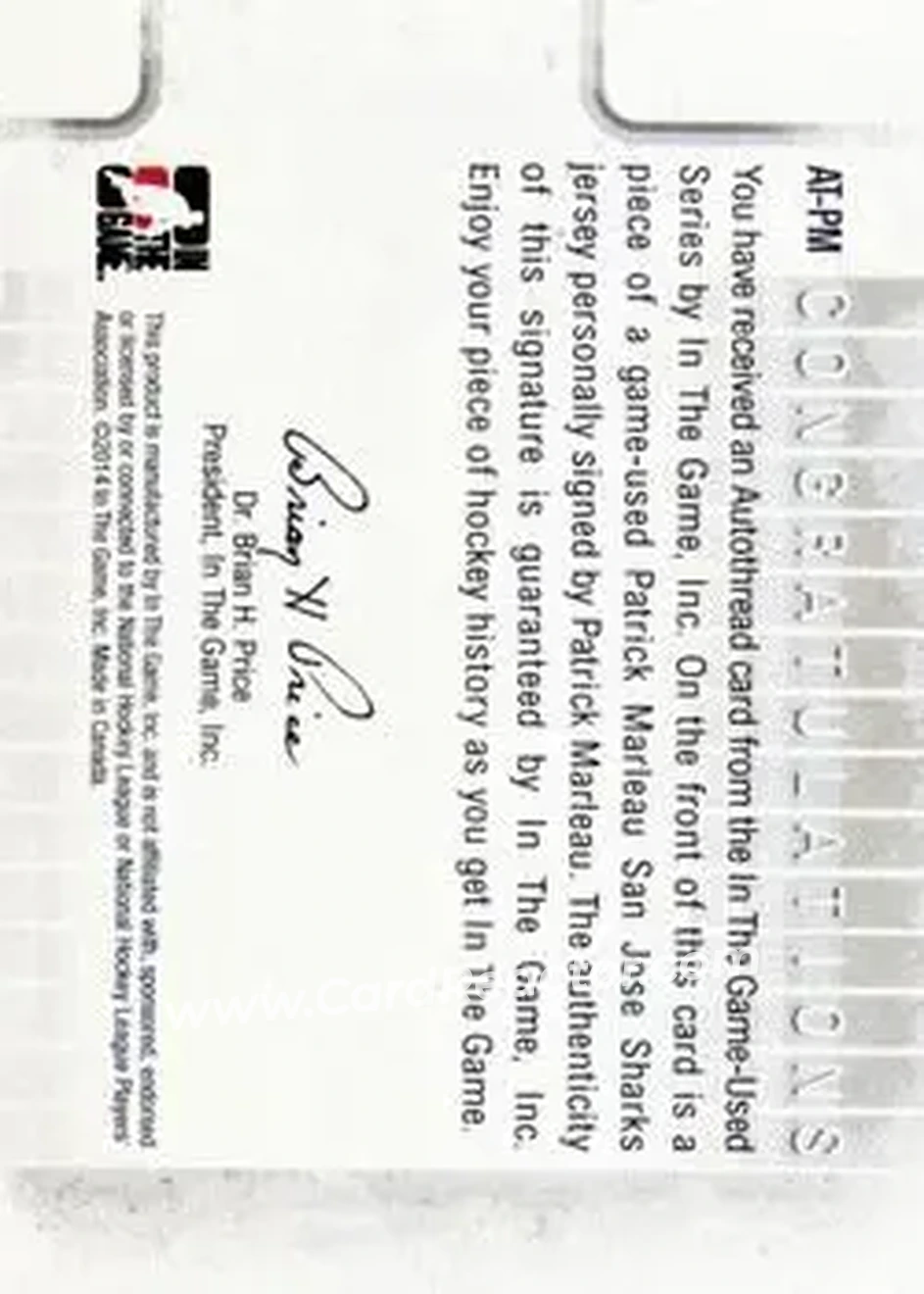 2013-14 In The Game Used - Autothreads #AT-PM - Patrick Marleau - San Jose Sharks - Back