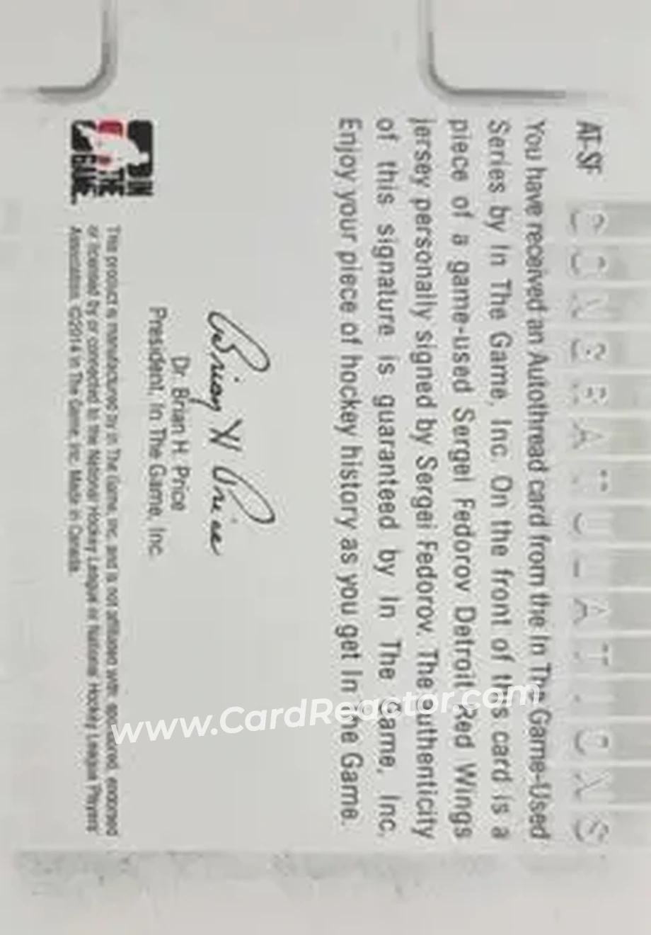 2013-14 In The Game Used - Autothreads #AT-SF - Sergei Fedorov - Detroit Red Wings - Back