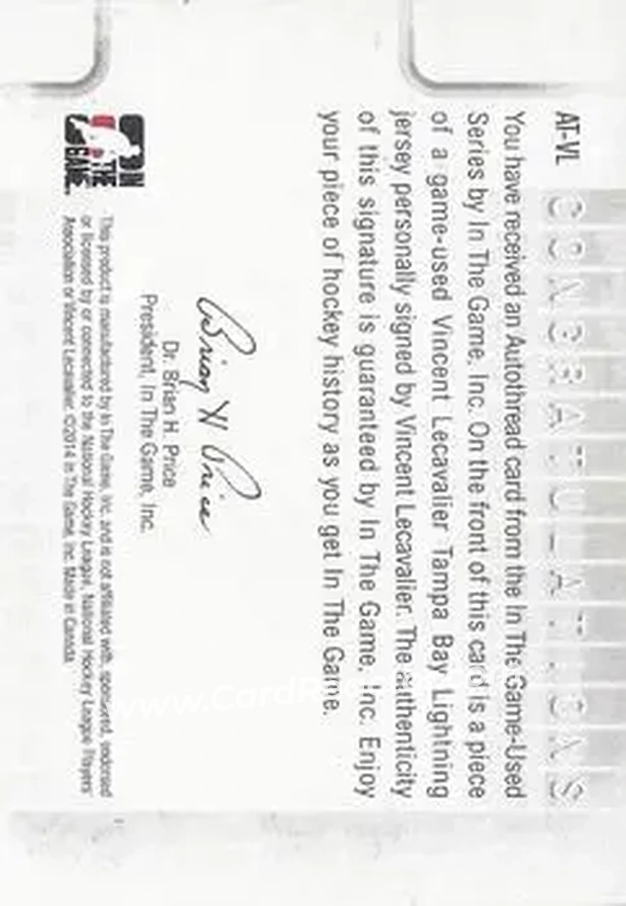 2013-14 In The Game Used - Autothreads #AT-VL - Vincent Lecavalier - Tampa Bay Lightning - Back 2013-14 In The Game Used - Autothreads #AT-VL - Vincent Lecavalier - Tampa Bay Lightning - Back