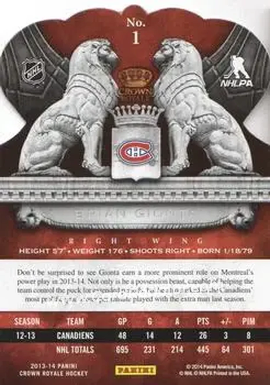 2013-14 Panini Crown Royale #1 - Brian Gionta - Montreal Canadiens - Back