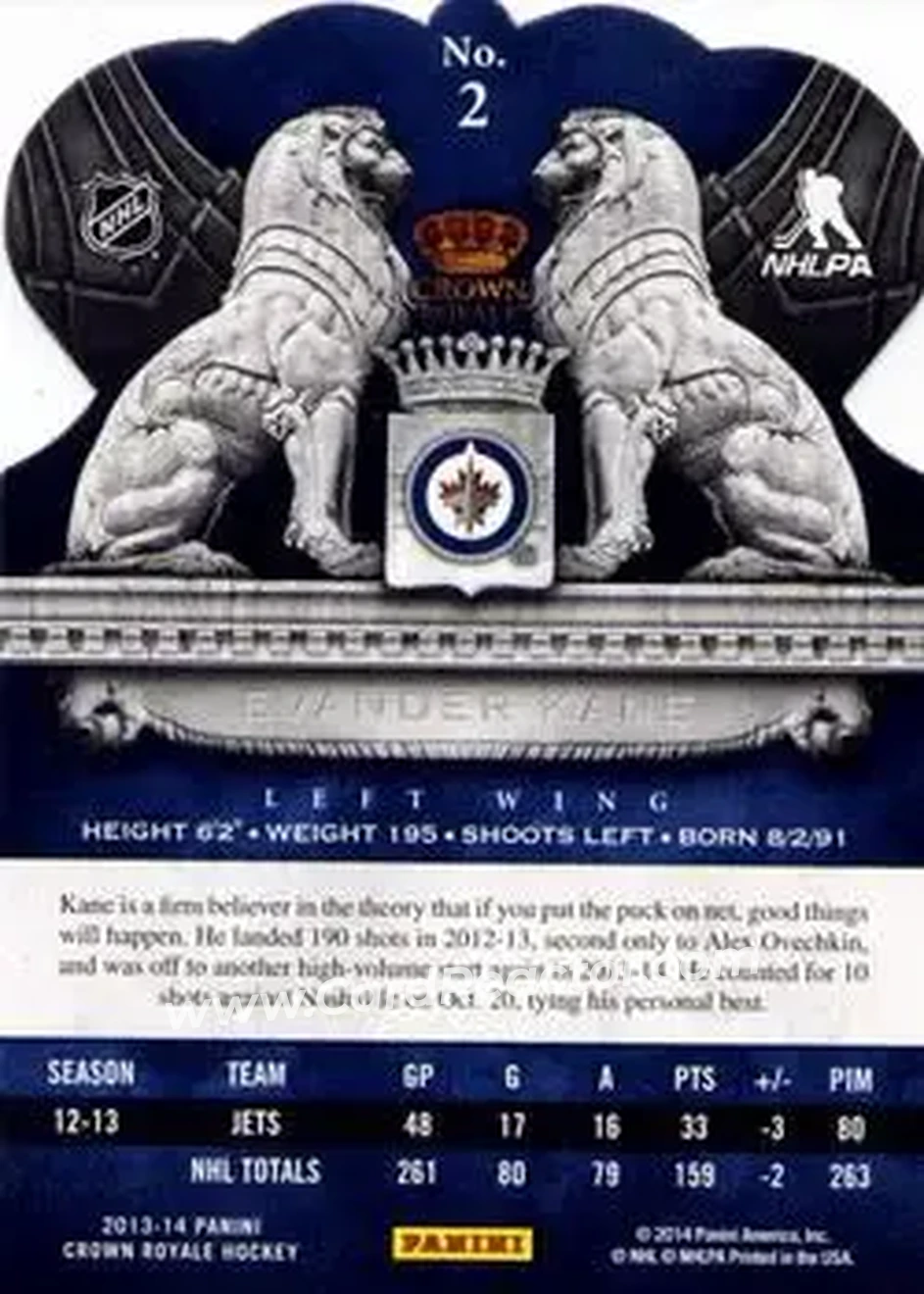 2013-14 Panini Crown Royale #2 - Evander Kane - Winnipeg Jets - Back