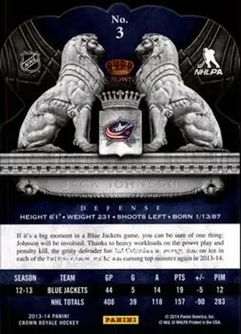 2013-14 Panini Crown Royale #3 - Jack Johnson - Columbus Blue Jackets - Back