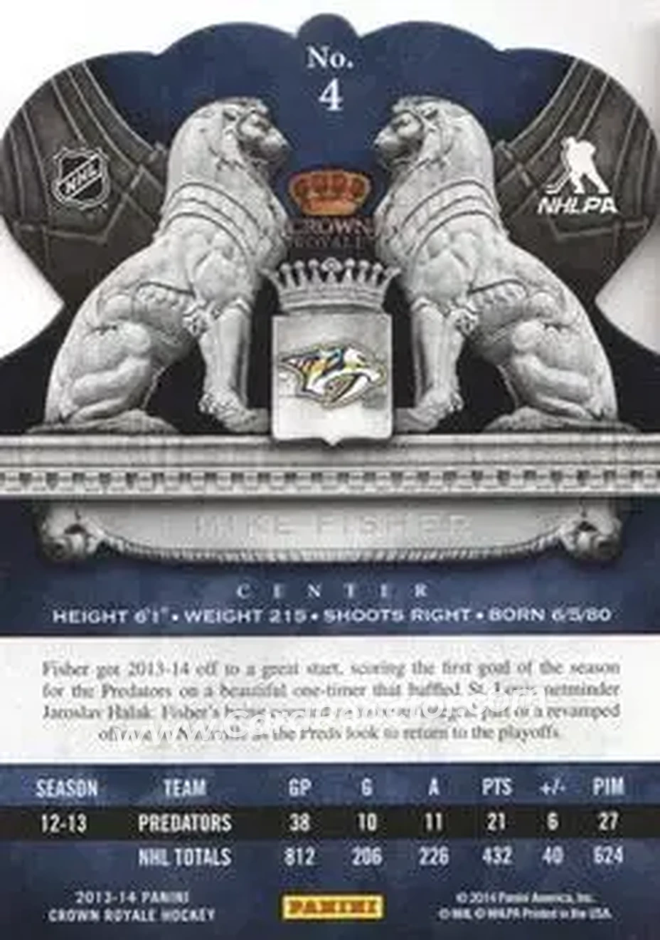 2013-14 Panini Crown Royale #4 - Mike Fisher - Nashville Predators - Back
