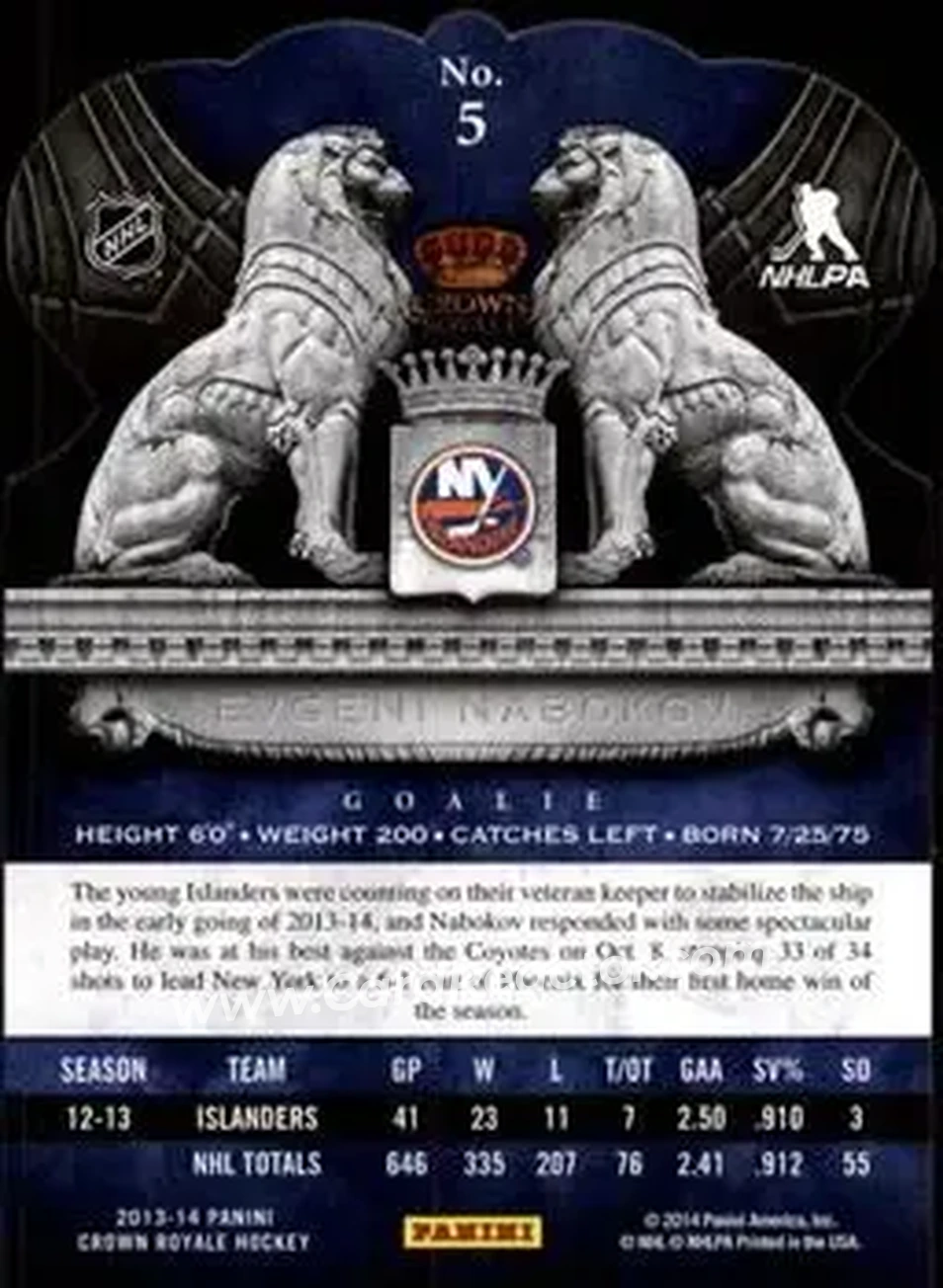 2013-14 Panini Crown Royale #5 - Evgeni Nabokov - New York Islanders - Back