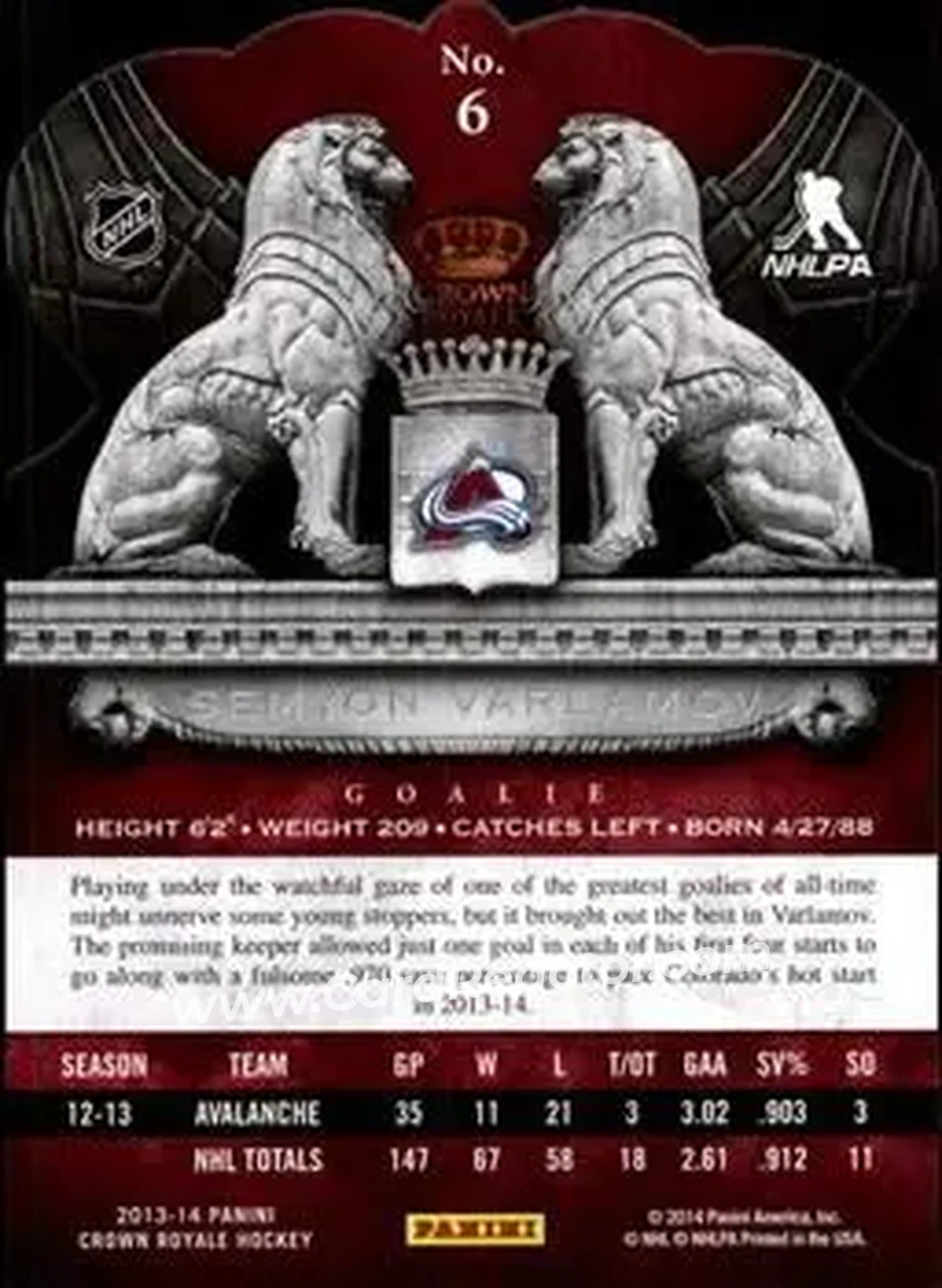 2013-14 Panini Crown Royale #6 - Semyon Varlamov - Colorado Avalanche - Back