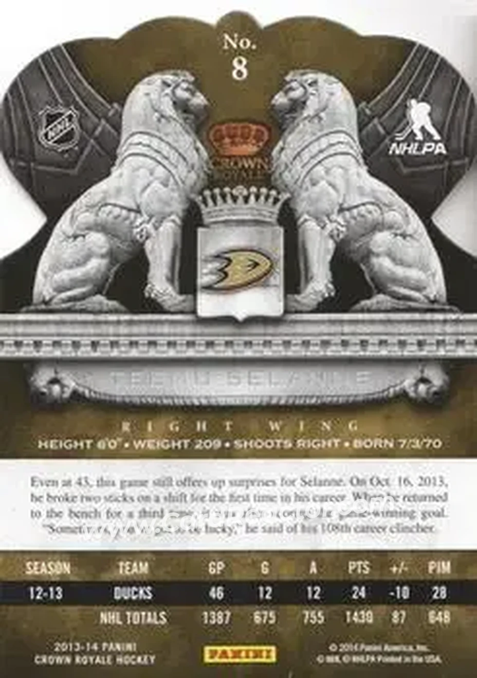 2013-14 Panini Crown Royale #8 - Teemu Selanne - Anaheim Ducks - Back