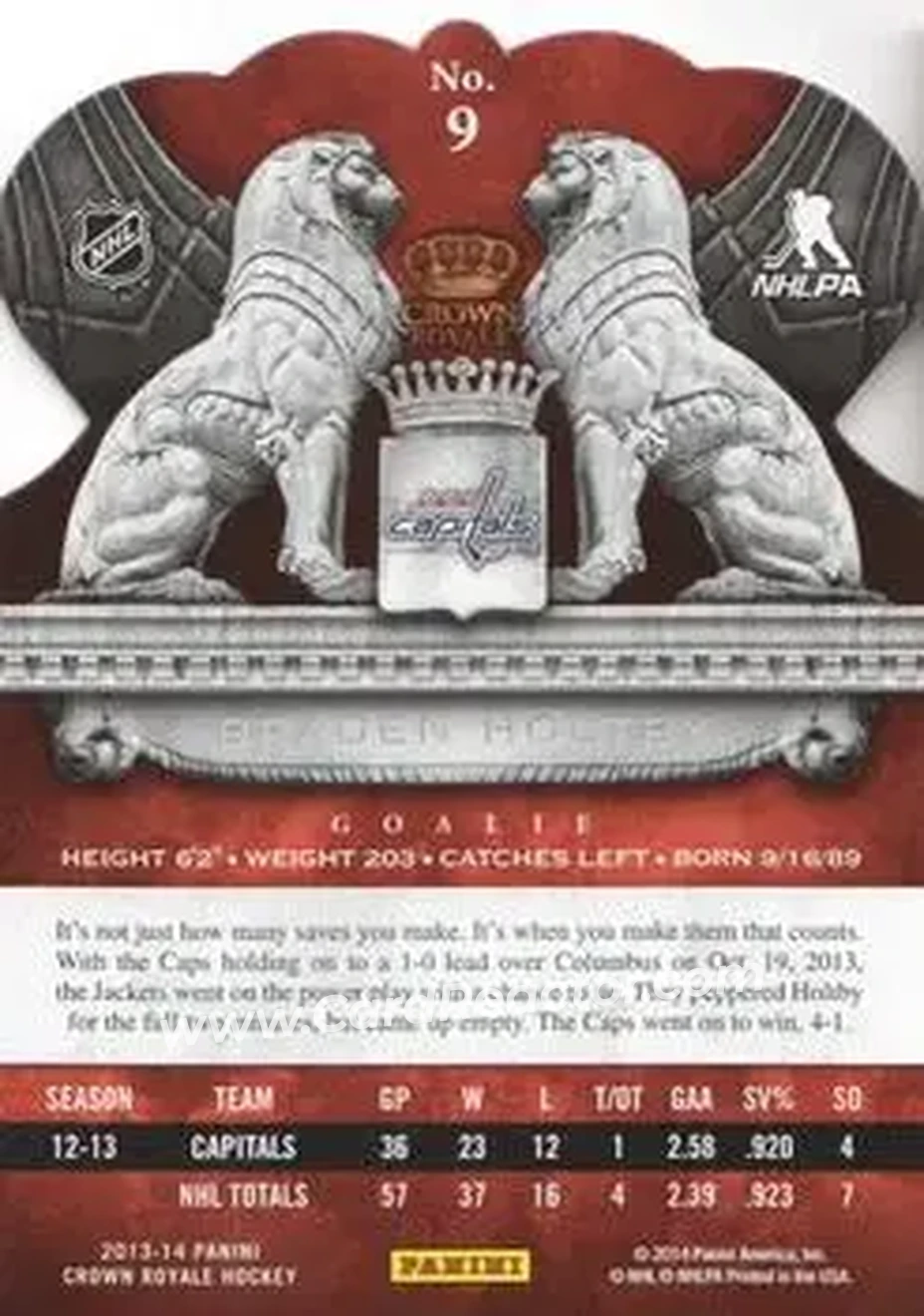 2013-14 Panini Crown Royale #9 - Braden Holtby - Washington Capitals - Back