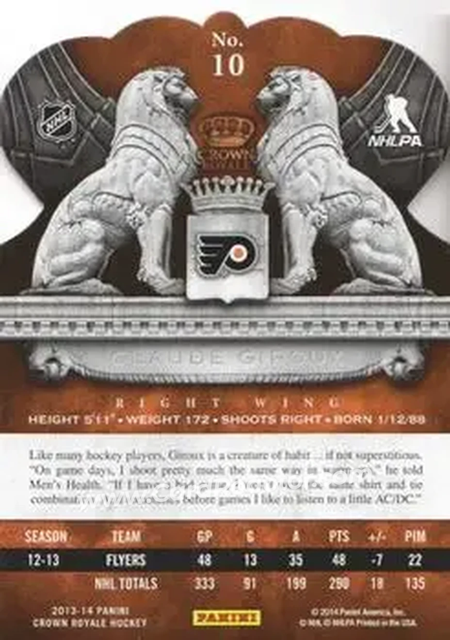 2013-14 Panini Crown Royale #10 - Claude Giroux - Philadelphia Flyers - Back