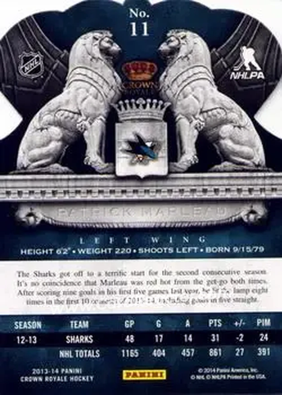 2013-14 Panini Crown Royale #11 - Patrick Marleau - San Jose Sharks - Back