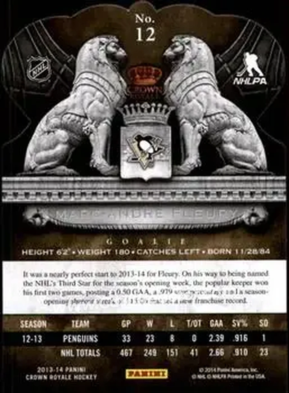 2013-14 Panini Crown Royale #12 - Marc-Andre Fleury - Pittsburgh Penguins - Back