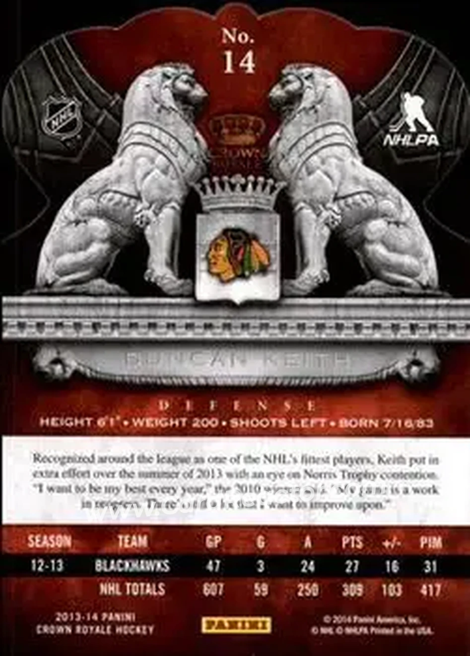 2013-14 Panini Crown Royale #14 - Duncan Keith - Chicago Blackhawks - Back