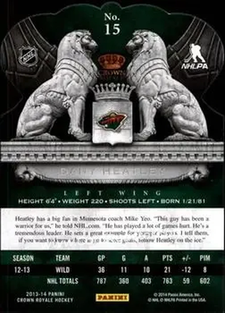 2013-14 Panini Crown Royale #15 - Dany Heatley - Minnesota Wild - Back