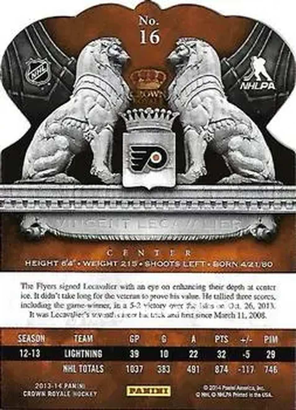 2013-14 Panini Crown Royale #16 - Vincent Lecavalier - Philadelphia Flyers - Back
