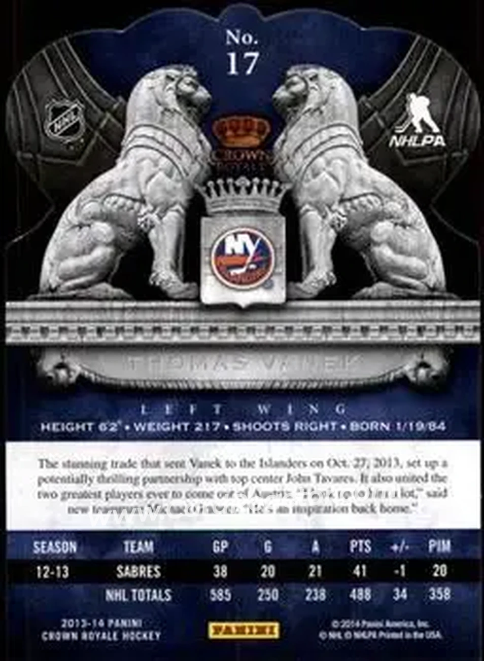 2013-14 Panini Crown Royale #17 - Thomas Vanek - New York Islanders - Back