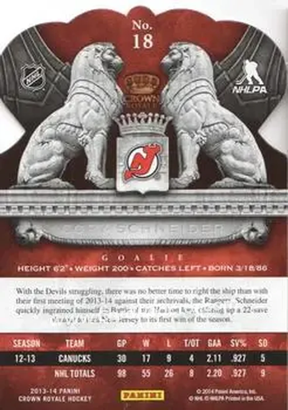 2013-14 Panini Crown Royale #18 - Cory Schneider - New Jersey Devils - Back