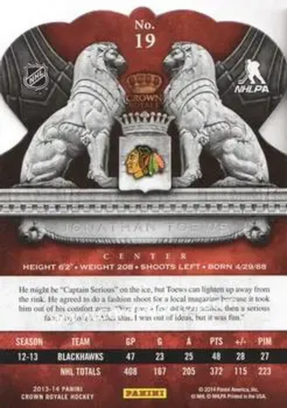 2013-14 Panini Crown Royale #19 - Jonathan Toews - Chicago Blackhawks - Back