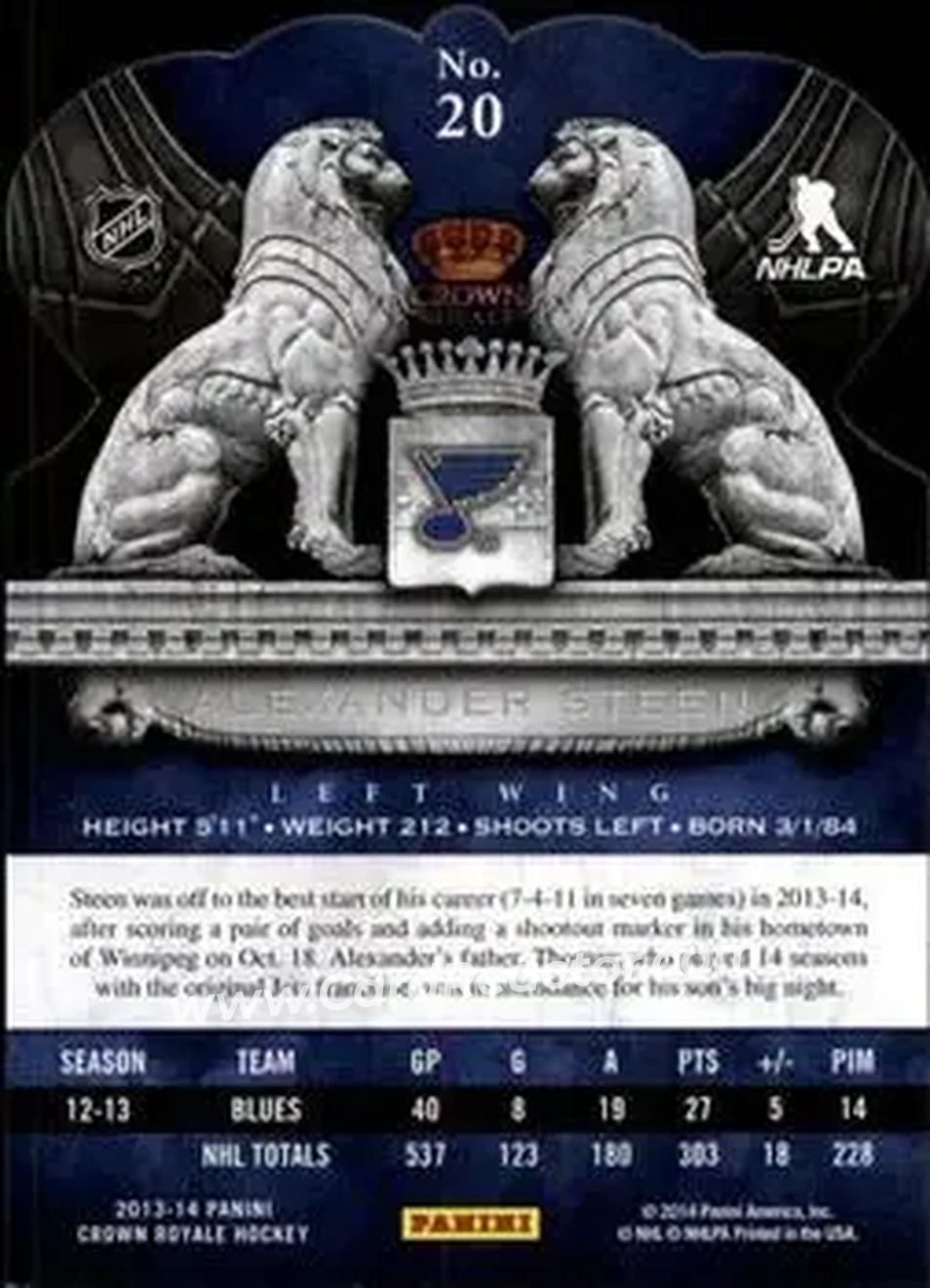 2013-14 Panini Crown Royale #20 - Alexander Steen - St. Louis Blues - Back