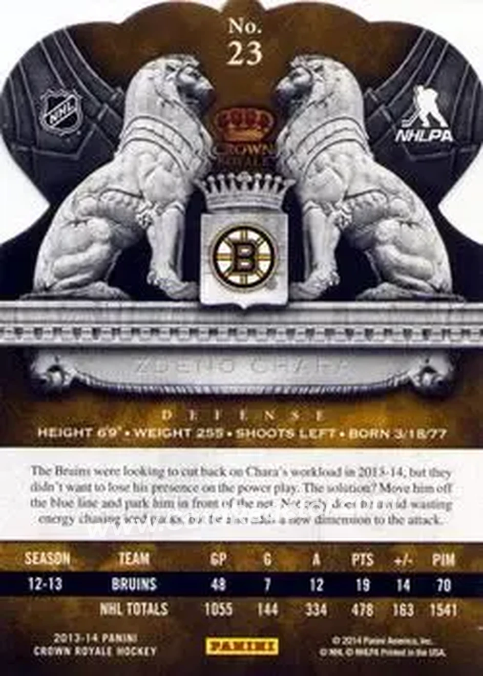 2013-14 Panini Crown Royale #23 - Zdeno Chara - Boston Bruins - Back 2013-14 Panini Crown Royale #23 - Zdeno Chara - Boston Bruins - Back