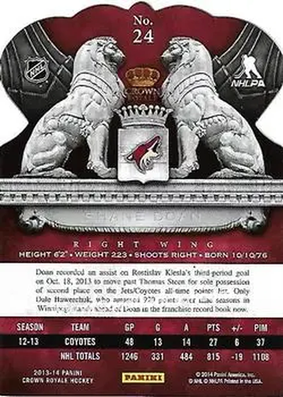 2013-14 Panini Crown Royale #24 - Shane Doan - Phoenix Coyotes - Back