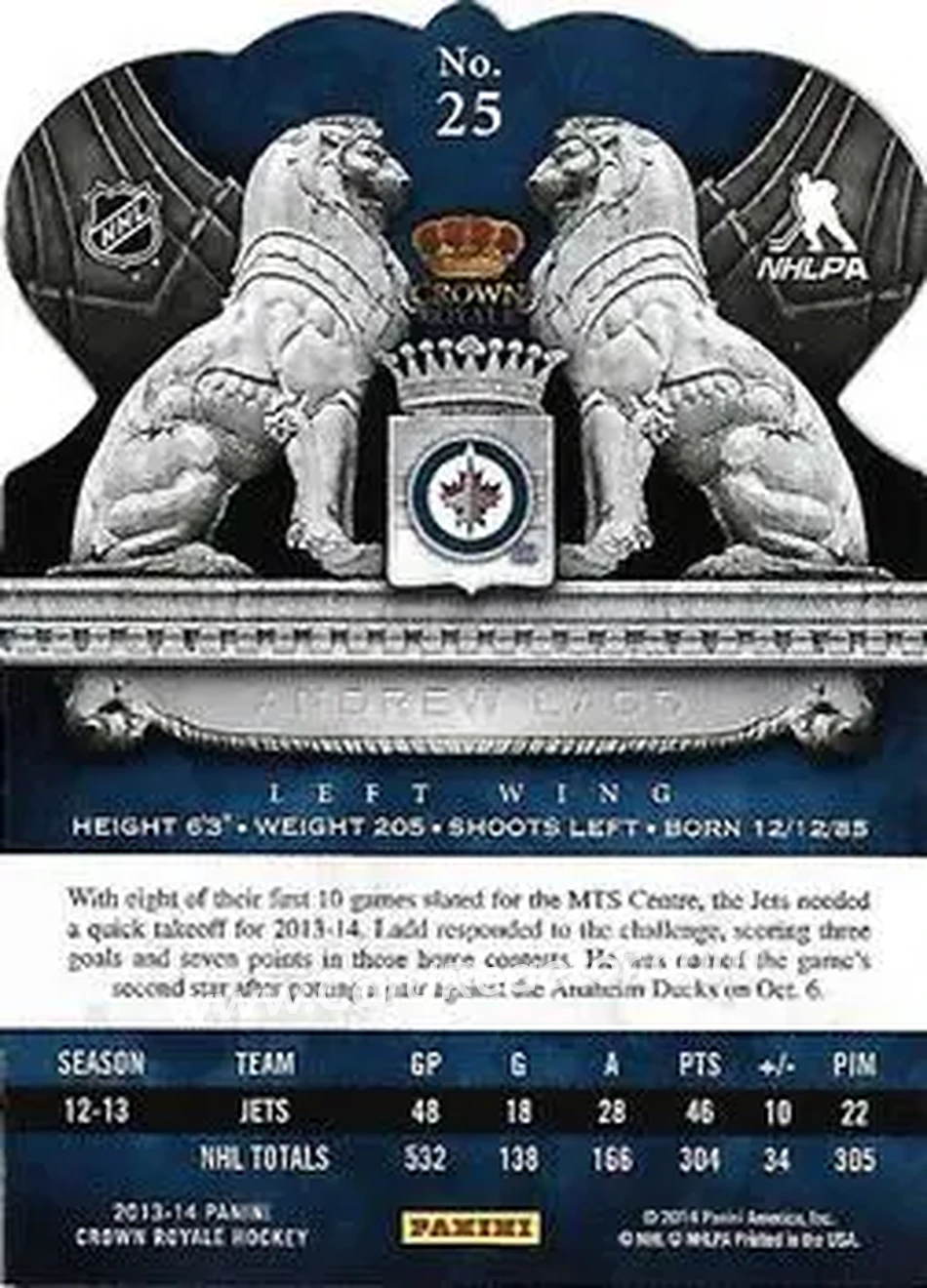 2013-14 Panini Crown Royale #25 - Andrew Ladd - Winnipeg Jets - Back