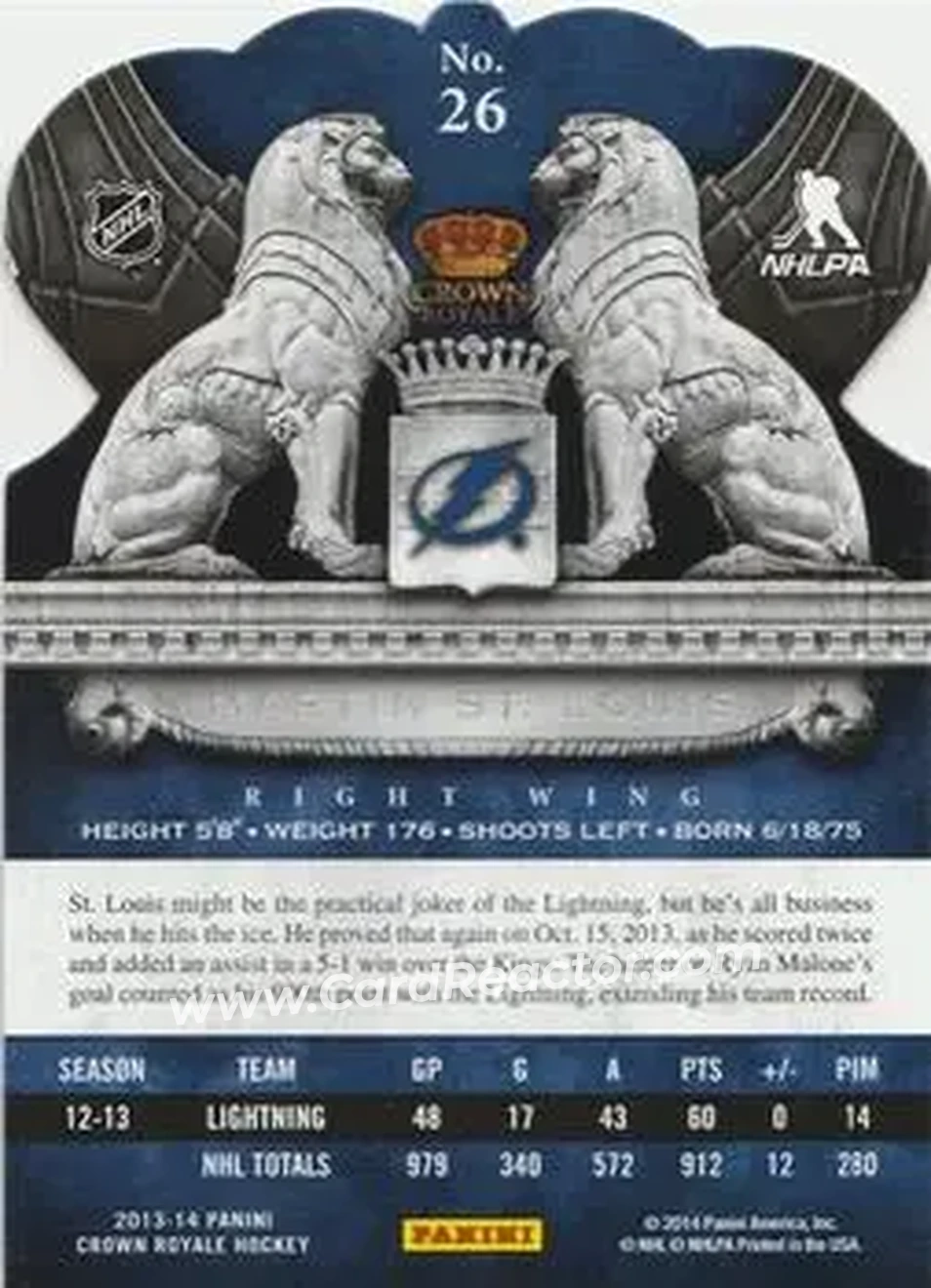 2013-14 Panini Crown Royale #26 - Martin St. Louis - Tampa Bay Lightning - Back