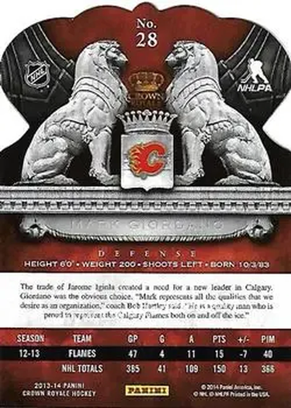 2013-14 Panini Crown Royale #28 - Mark Giordano - Calgary Flames - Back