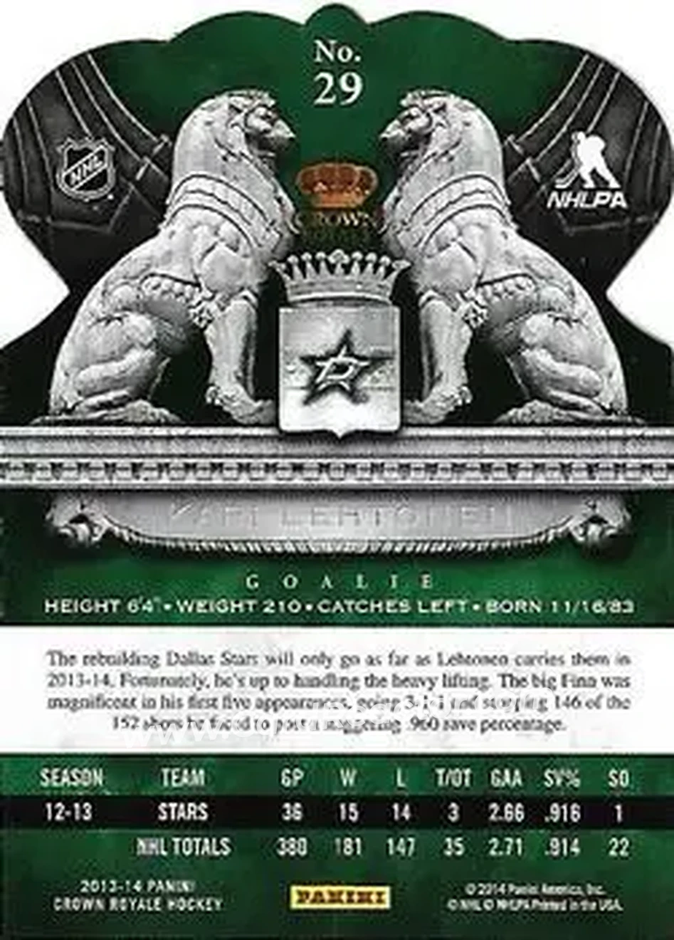 2013-14 Panini Crown Royale #29 - Kari Lehtonen - Dallas Stars - Back