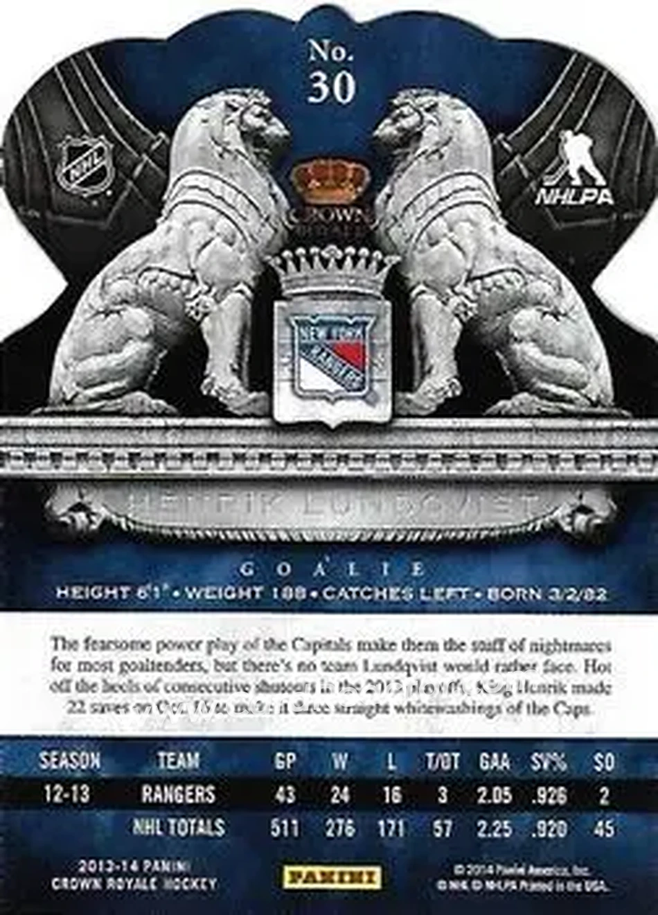 2013-14 Panini Crown Royale #30 - Henrik Lundqvist - New York Rangers - Back