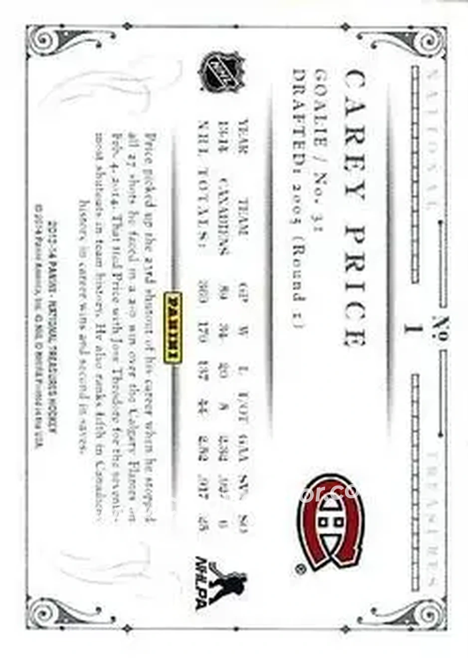 2013-14 Panini National Treasures #1 - Carey Price - Montreal Canadiens - Back