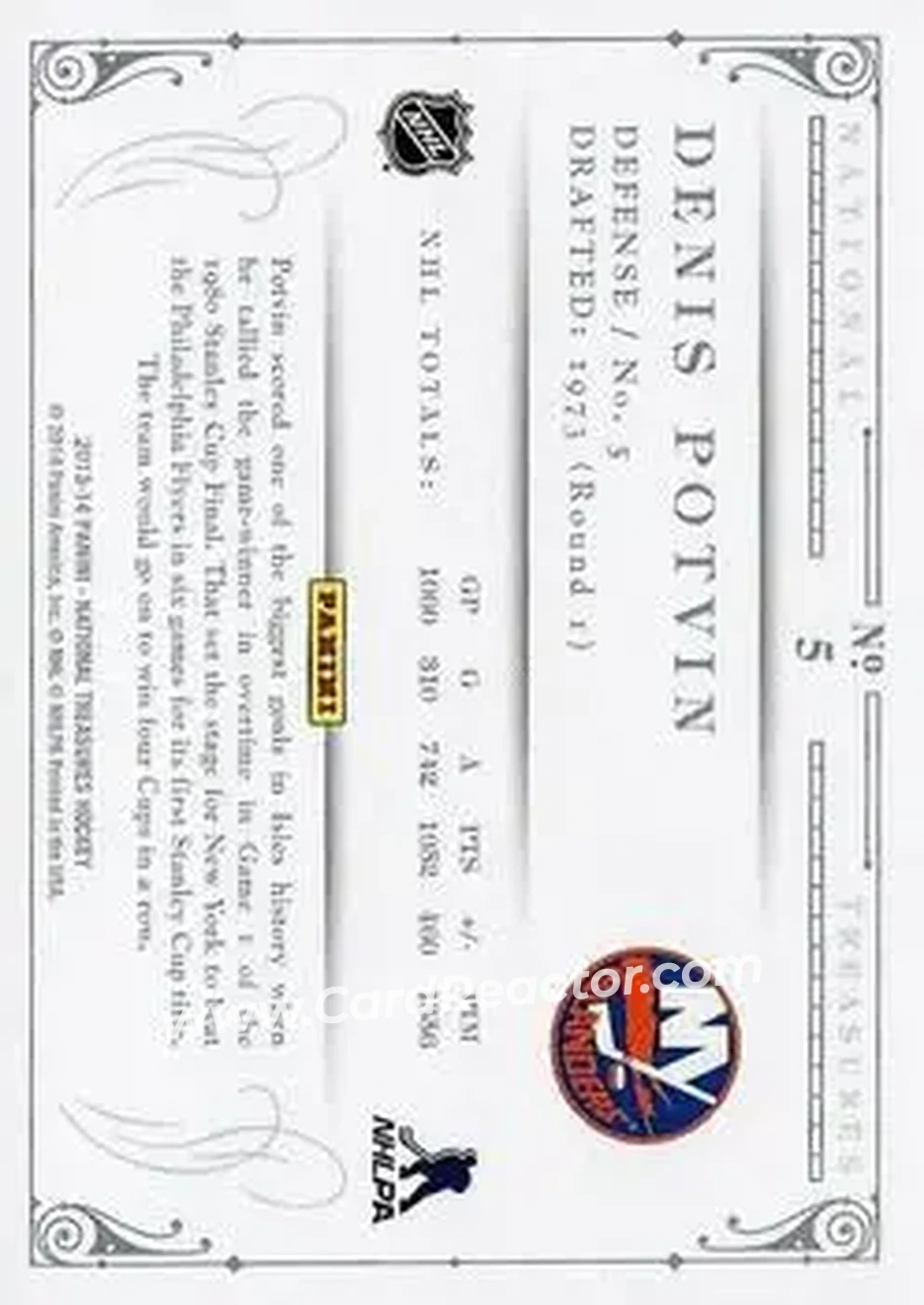 2013-14 Panini National Treasures #5 - Denis Potvin - New York Islanders - Back
