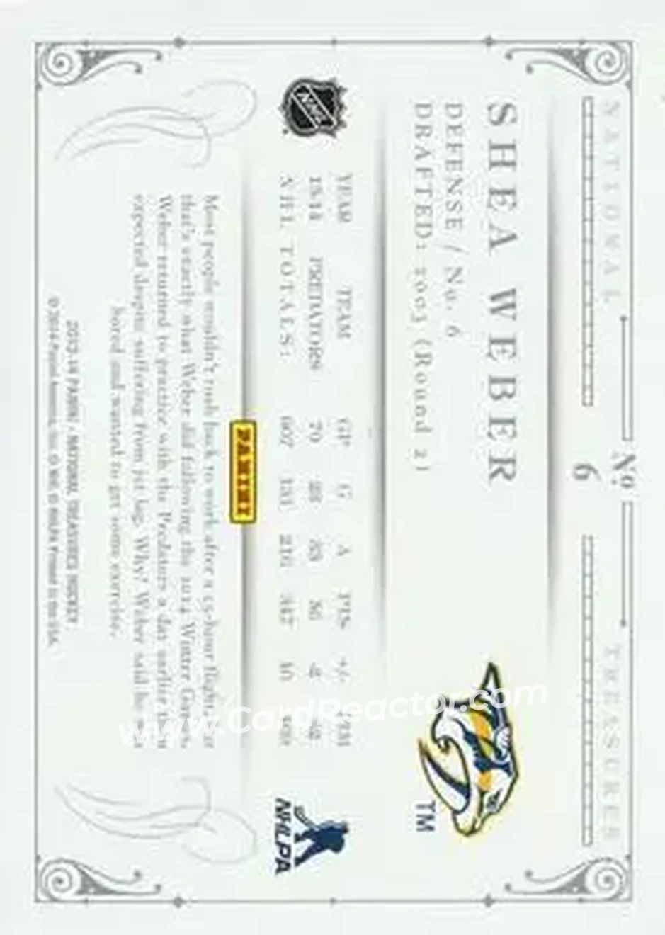 2013-14 Panini National Treasures #6 - Shea Weber - Nashville Predators - Back 2013-14 Panini National Treasures #6 - Shea Weber - Nashville Predators - Back