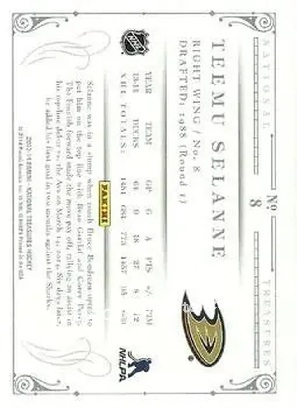 2013-14 Panini National Treasures #8 - Teemu Selanne - Anaheim Ducks - Back 2013-14 Panini National Treasures #8 - Teemu Selanne - Anaheim Ducks - Back