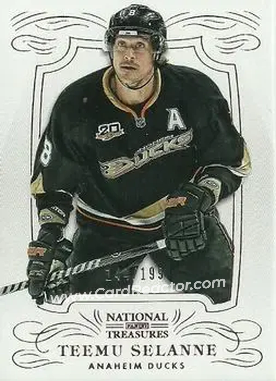 2013-14 Panini National Treasures #8 - Teemu Selanne - Anaheim Ducks - Front 2013-14 Panini National Treasures #8 - Teemu Selanne - Anaheim Ducks - Front