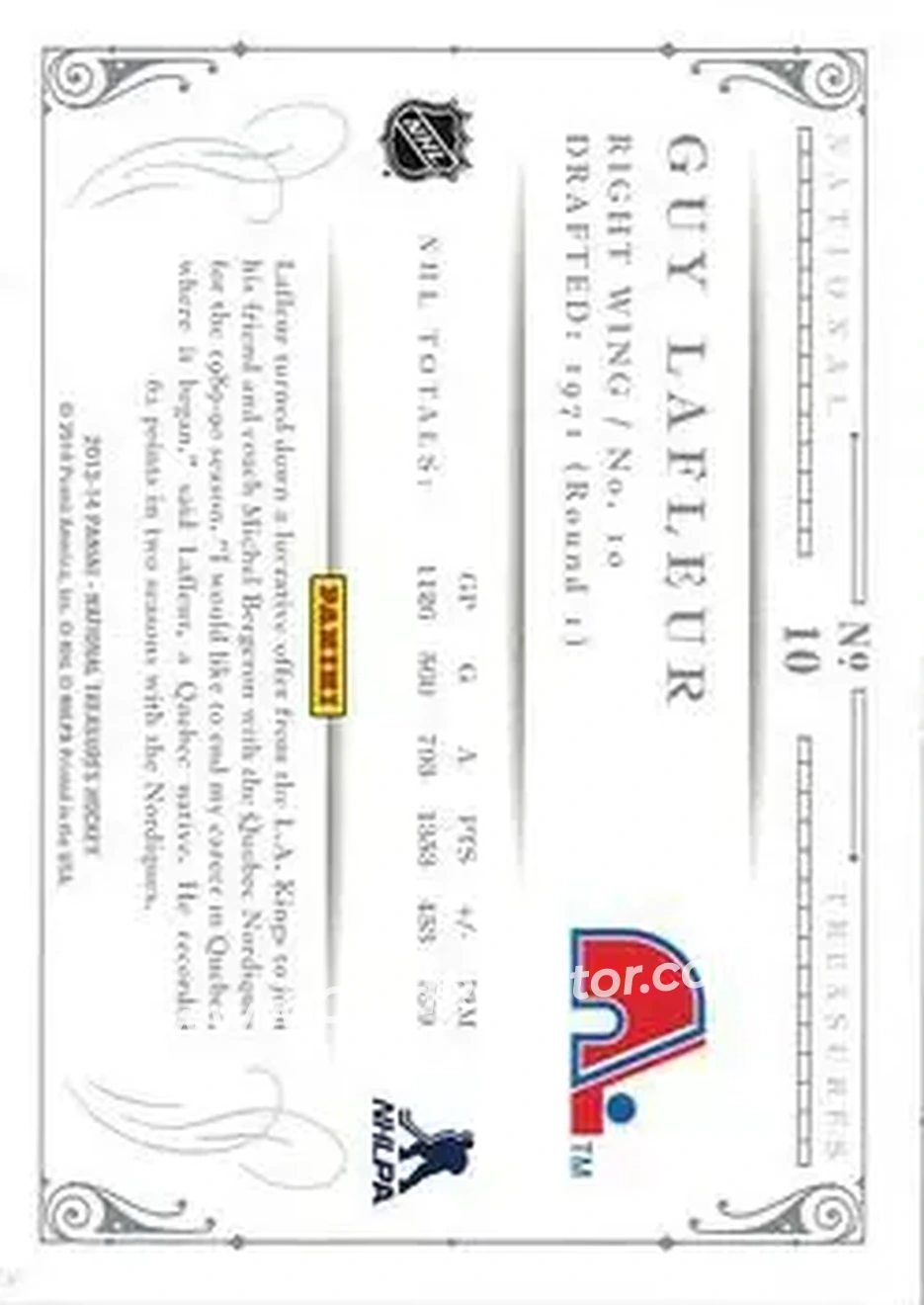 2013-14 Panini National Treasures #10 - Guy Lafleur - Quebec Nordiques - Back